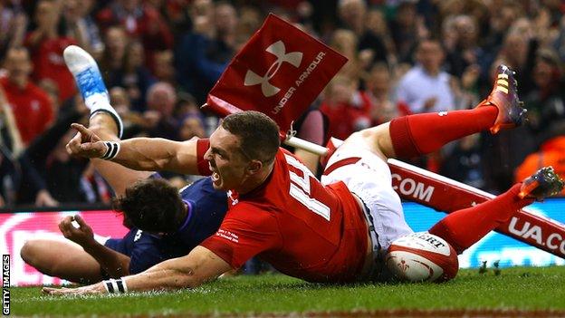 George North scores a try for Wales against Scotland