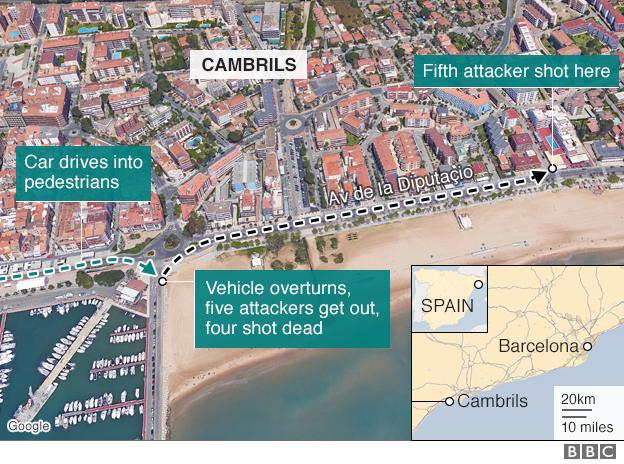 Map showing location of the Cambrils attack