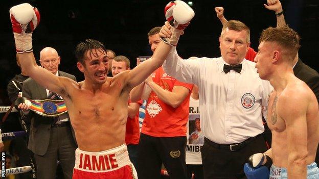 Jamie Conlan celebrates his Commonwealth title victory over Anthony Nelson