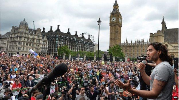 Russell Brand speaking at an anti-austerity protest in London