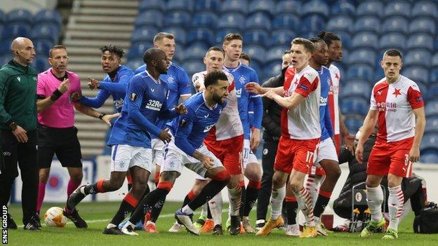 A comment from Ondrej Kudela sparked an onfield melee late in the game at Ibrox