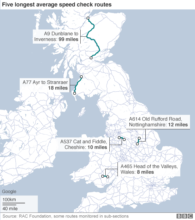 Map showing the longest sections of average speed cameras