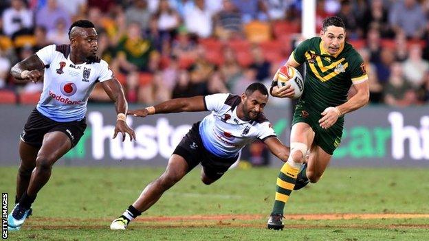 Billy Slater (right) in action against Fiji