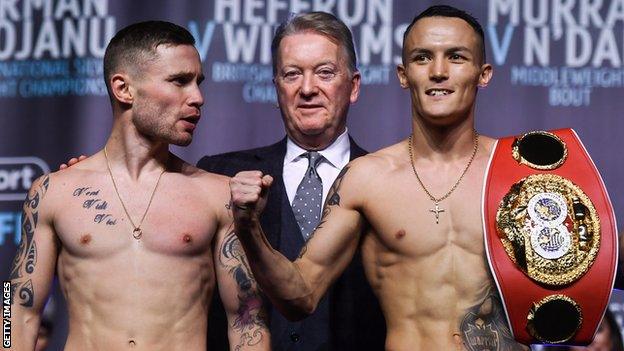 Featherweight rivals Carl Frampton and Josh Warrington, with promoter Frank Warren (centre)