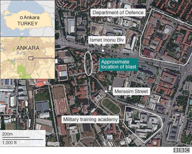 Map showing approximate location of blast, between Merasim Street and Ismet Inonu Boulevard