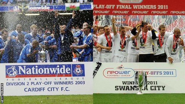 Cardiff won their Second Division play-off final in 2003 (left), while Swansea triumphed in the 2011 Championship play-off final (right)