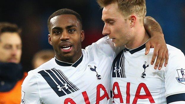 Danny Rose and Christian Eriksen of Spurs celebrate their win at Manchester City