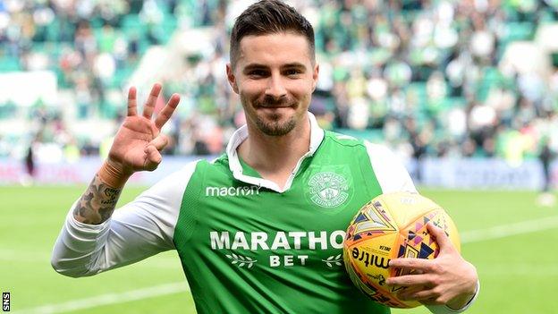 Jamie Maclaren with the matchball after scoring a hat-trick for Hibernian against Rangers