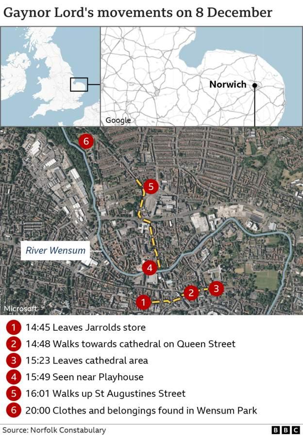 Map showing Ms Lord's last known movements