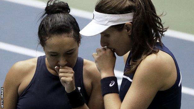 Heather Watson and Johanna Konta playing Fed Cup doubles together against Japan