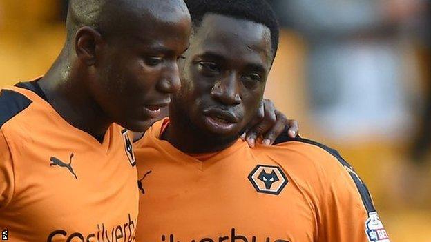 Nouha Dicko is congratulated by Benik Afobe after scoring in the 2-1 League Cup win over Newport County