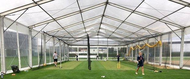 England players practise under the Great British Bake Off tent