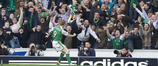 Gary O'Connor celebrates his goal at Ibrox