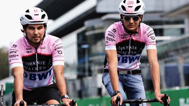 Force India's Sergio Perez and Esteban Ocon