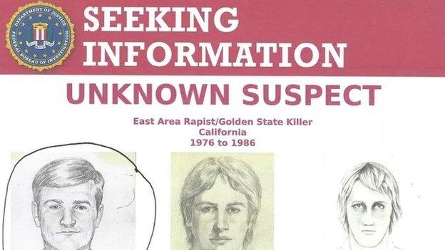 A police reward poster shows photofit pictures of the suspect