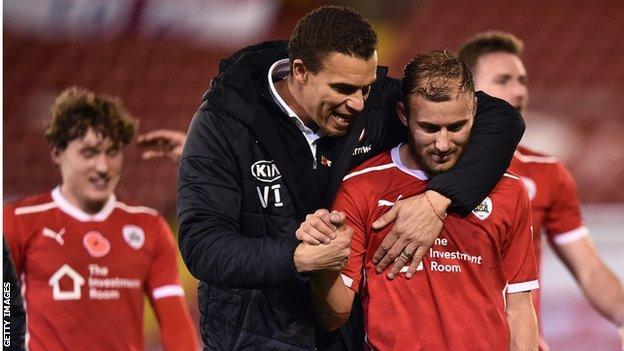 Barnsley manager Valerien Ismael talks with Herbie Kane after the team's 2-0 win over Nottingham Forest in the Championship