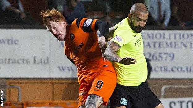 Simon Murray tussles with Hibs defender Liam Fontaine