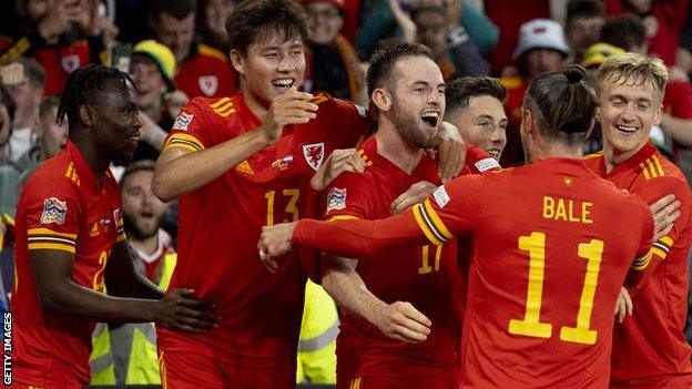 Rhys Norrington-Davies celebrates after scoring his first Wales goal in the 2-1 defeat to the Netherlands