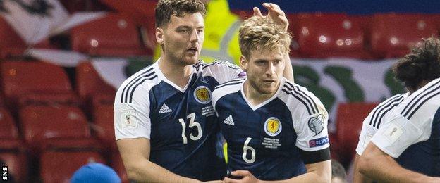 Scotland's Chris Martin and Stuart Armstrong celebrate