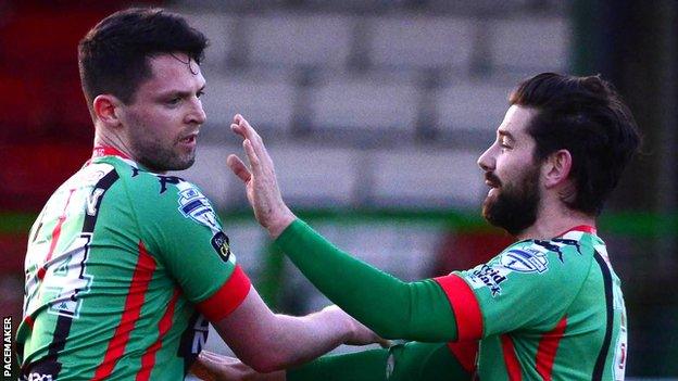 Curtis Allen (right) and James Ferrin were both on target for Glentoran against Dungannon Swifts