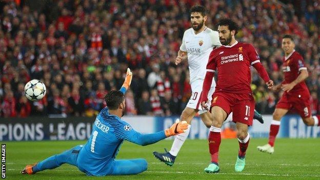 Mohamed Salah scoring for Liverpool against Roma when Alisson was in goal for the Italian side