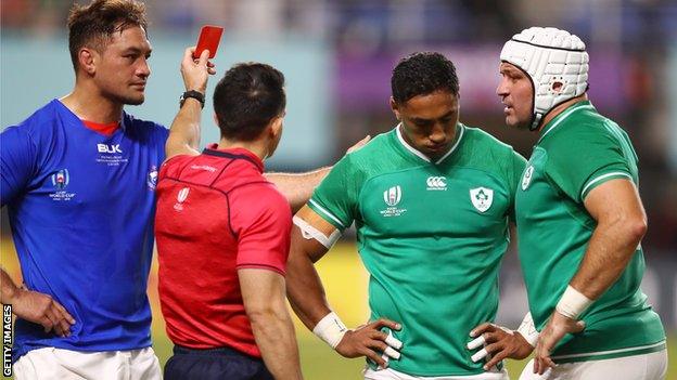 Referee Nic Berry red cards Ireland's Bundee Aki in Saturday's World Cup game against Samoa