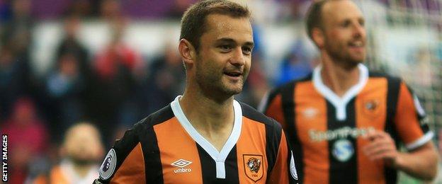 Shaun Maloney celebrates scoring for Hull against Swansea