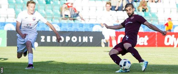 Igor Rossi scores the second of his two goals for Hearts