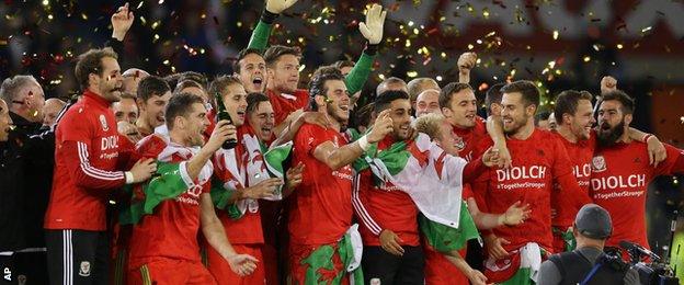 Wales players celebrate after defeating Andorra