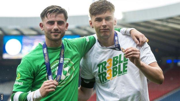 Patrik Roberts and Kieran Tierney of Celtic celebrate winning the Scottish Cup