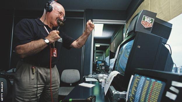 Murray Walker in the commentary box at the Formula One Japanese Grand Prix on 14 October 2001.