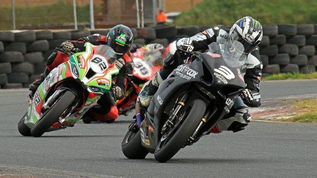 Michael Dunlop leads Derek Sheils and Jason Lynn in the first King of Kirkistown race