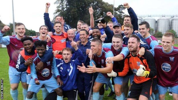 Westfields players celebrate their FA Cup fourth qualifying round win