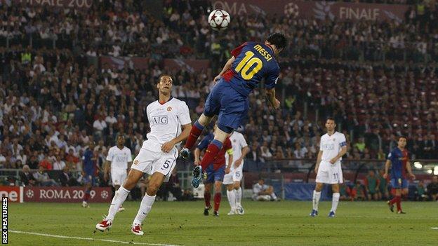 Lionel Messi scores against Manchester United in the 2009 Champions League final