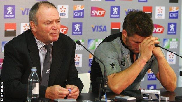 Graham Henry and Richie McCaw front up to the media after the All Blacks' 2007 World Cup loss to France