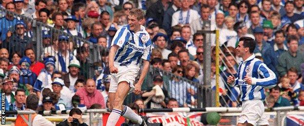 Andy Booth celebrates scoring for Huddersfield in the 1995 Division Two play-off final