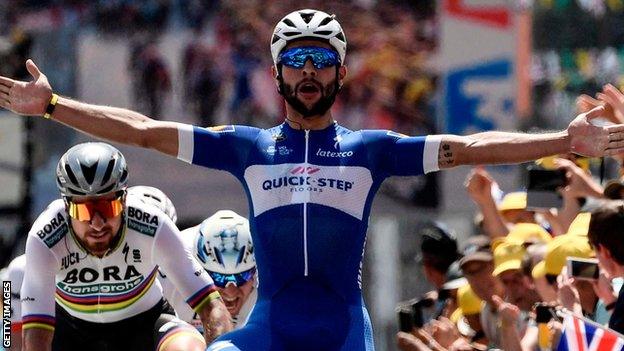 Fernando Gaviria celebrates winning stage one of the 2018 Tour de France