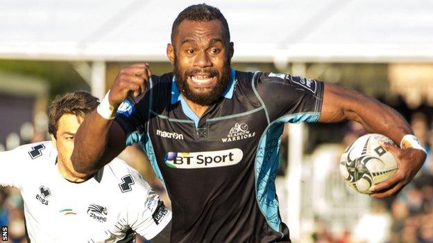 Leone Nakarawa runs away to score a try for Glasgow in his final game at Scotstoun