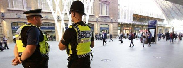 British Transport Police men with their backs turned