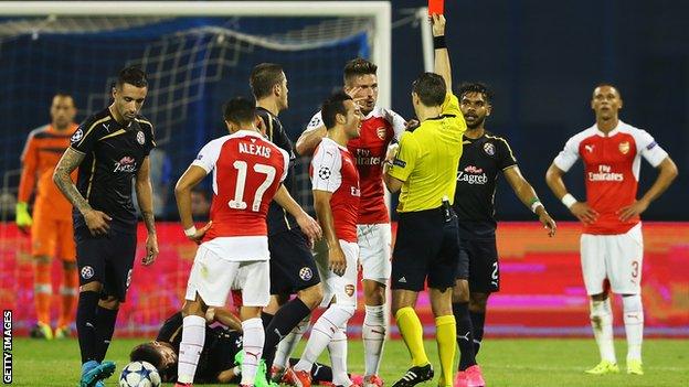 Arsenal striker Olivier Giroud is dismissed against Dinamo Zagreb