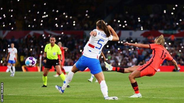 Ella Toone scores England's third goal