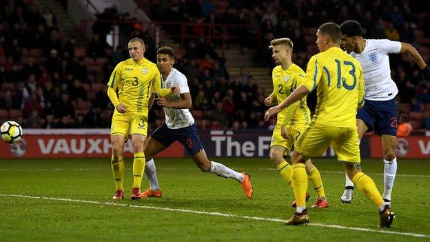 Dominic Solanke scores for England Under-21s against Ukraine