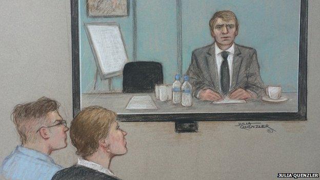 Court sketch showing the empty chair where key witness Dmitry Kovtun should have been seated, but he was absent. Left of frame are Anatoly Litvinenko (son of Alexander) and Marina Litvinenko (widow of Litvinenko). Right of frame is the (unnamed) man running the video link from Moscow