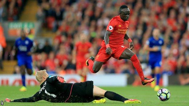 Liverpool forward Sadio Mane (right) in action against Leicester City