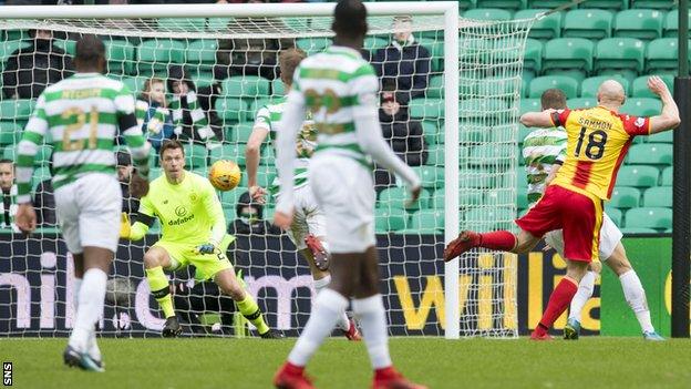 Partick Thistle striker Conor Sammon scores against Celtic