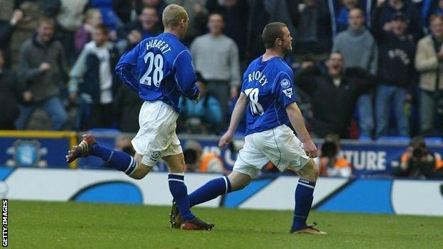 16-year-old Wayne Rooney celebrates scoring at Goodison.