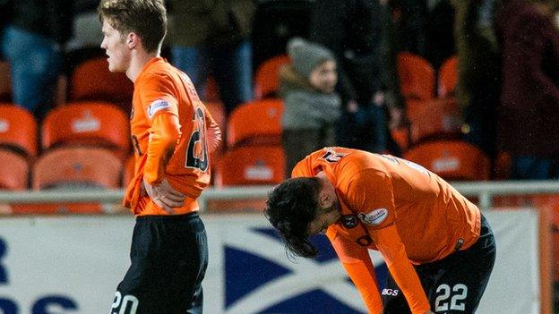 Dundee United players react to the defeat by Motherwell