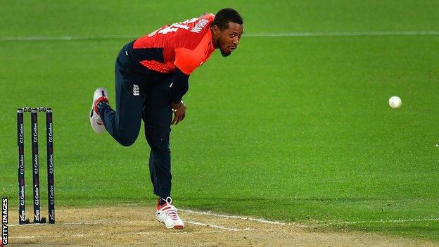 England bowler Chris Jordan sends down a delivery against New Zealand in a T20 international