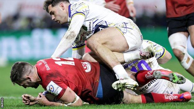 Stuart McCloskey scores one of Ulster's tries in the win over Clermont-Auvergne in France in December