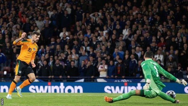 Craig Gordon produced a vital save to deny Troy Parrott when the Irish forward was through on goal